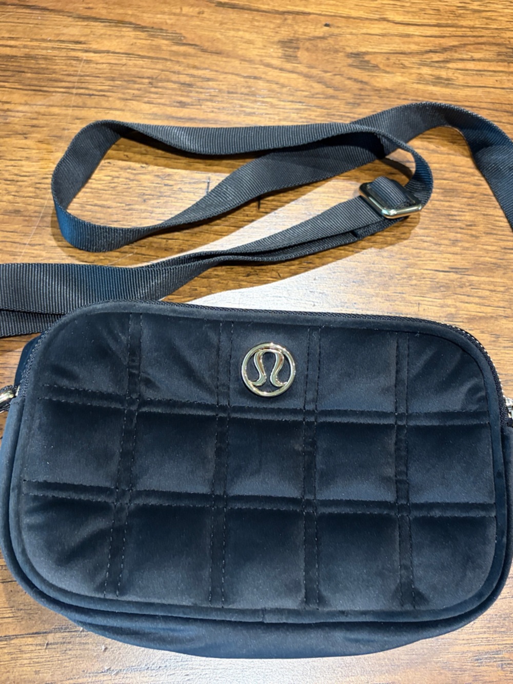 lululemon athletica Black Quilted Velvet Crossbody Shoulder Bag with Gold